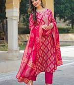 Women pink viscose ikat embroidered straight kurta trousers with dupatta