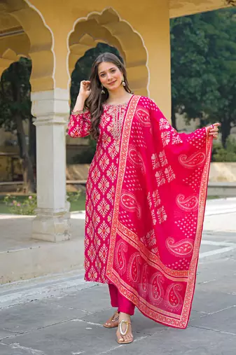 Women pink viscose ikat embroidered straight kurta trousers with dupatta