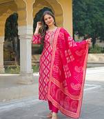 Women pink viscose ikat embroidered straight kurta trousers with dupatta