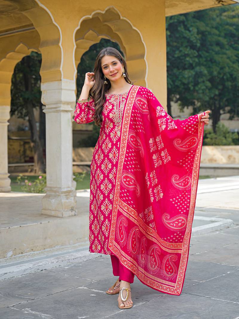 Women pink viscose ikat embroidered straight kurta trousers with dupatta