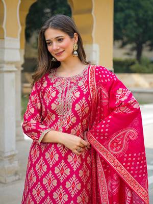 Women pink viscose ikat embroidered straight kurta trousers with dupatta 2