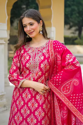 Women pink viscose ikat embroidered straight kurta trousers with dupatta
