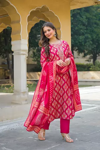 Women pink viscose ikat embroidered straight kurta trousers with dupatta