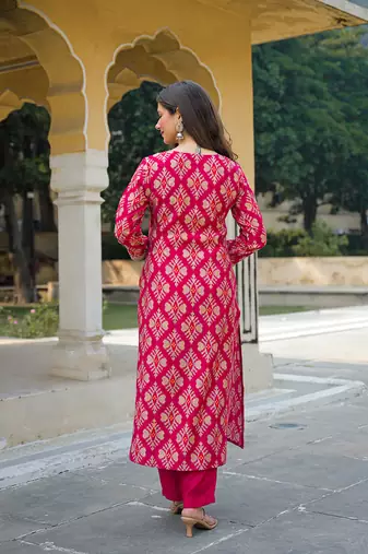 Women pink viscose ikat embroidered straight kurta trousers with dupatta
