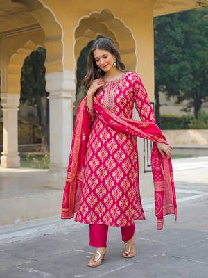 Women pink viscose ikat embroidered straight kurta trousers with dupatta 5