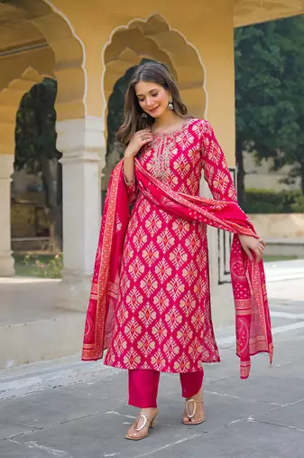 Women pink viscose ikat embroidered straight kurta trousers with dupatta