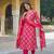 Women pink viscose ikat embroidered straight kurta trousers with dupatta
