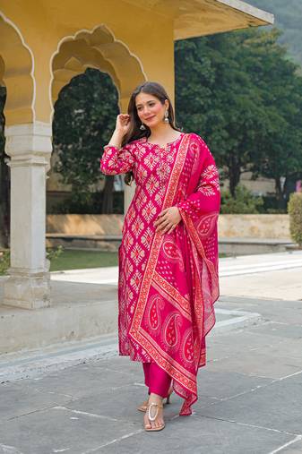 Women pink viscose ikat embroidered straight kurta trousers with dupatta