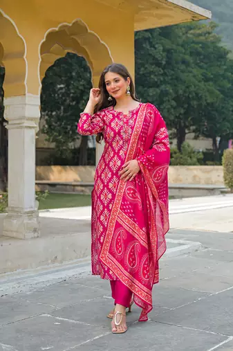 Women pink viscose ikat embroidered straight kurta trousers with dupatta