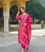 Women pink viscose ikat embroidered straight kurta trousers with dupatta