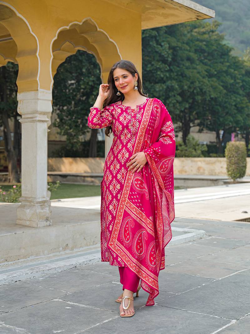 Women pink viscose ikat embroidered straight kurta trousers with dupatta