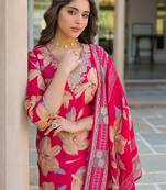 Women pink viscose floral embroidered straight kurta trousers with dupatta