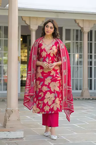 Women pink viscose floral embroidered straight kurta trousers with dupatta