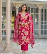 Women pink viscose floral embroidered straight kurta trousers with dupatta
