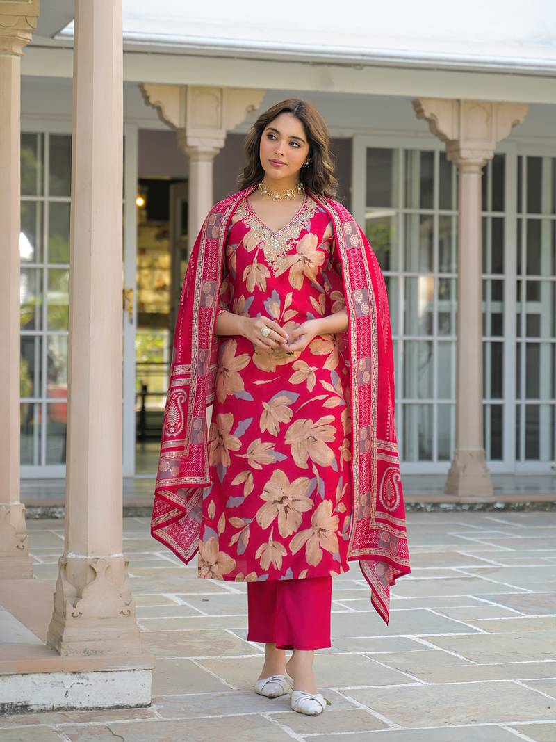 Women pink viscose floral embroidered straight kurta trousers with dupatta