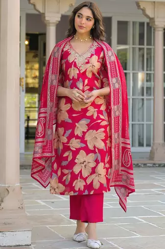 Women pink viscose floral embroidered straight kurta trousers with dupatta