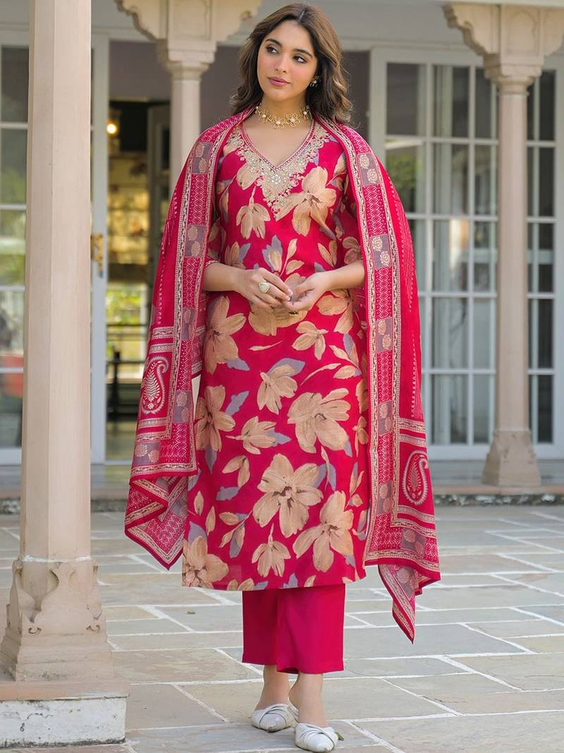 Women pink viscose floral embroidered straight kurta trousers with dupatta
