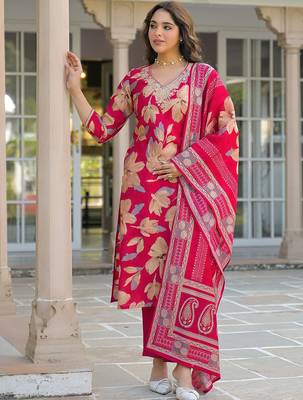 Women pink viscose floral embroidered straight kurta trousers with dupatta 3