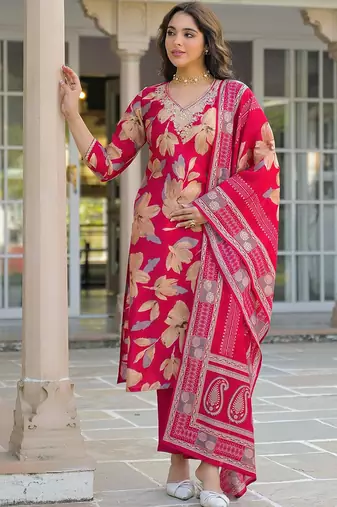Women pink viscose floral embroidered straight kurta trousers with dupatta