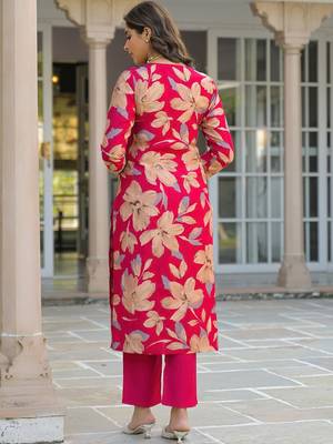 Women pink viscose floral embroidered straight kurta trousers with dupatta 4