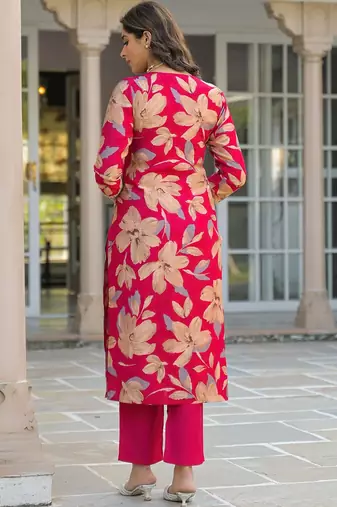 Women pink viscose floral embroidered straight kurta trousers with dupatta