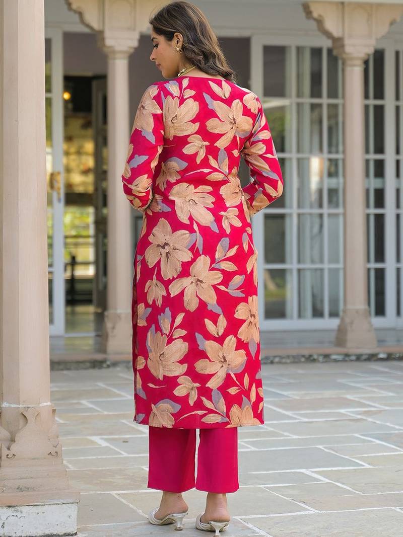 Women pink viscose floral embroidered straight kurta trousers with dupatta