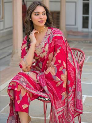 Women pink viscose floral embroidered straight kurta trousers with dupatta 5
