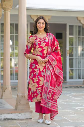 Women pink viscose floral embroidered straight kurta trousers with dupatta