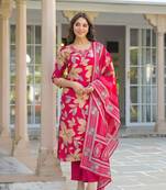 Women pink viscose floral embroidered straight kurta trousers with dupatta