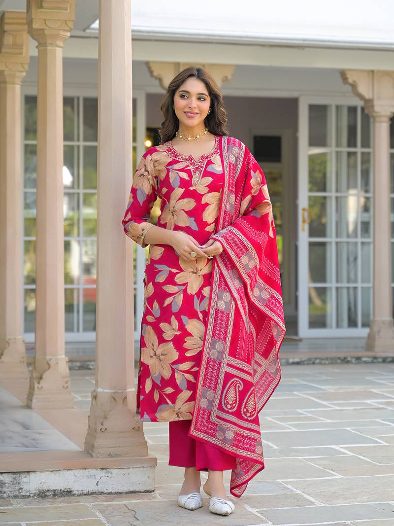 Women pink viscose floral embroidered straight kurta trousers with dupatta