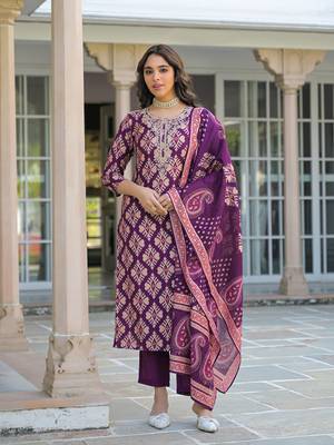 Women purple viscose ikat embroidered straight kurta trousers with dupatta 1