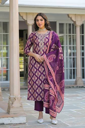 Women purple viscose ikat embroidered straight kurta trousers with dupatta