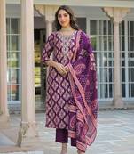Women purple viscose ikat embroidered straight kurta trousers with dupatta