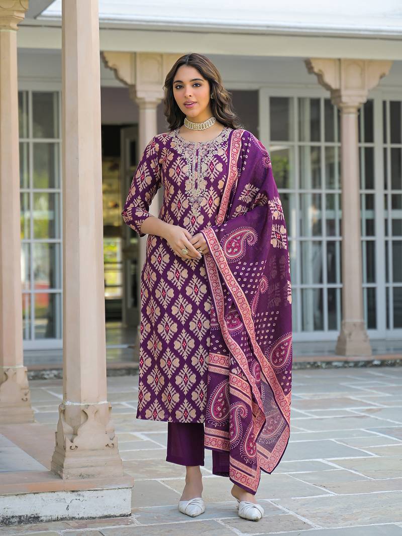 Women purple viscose ikat embroidered straight kurta trousers with dupatta