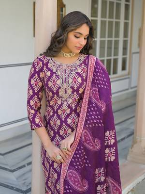 Women purple viscose ikat embroidered straight kurta trousers with dupatta 2