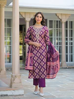 Women purple viscose ikat embroidered straight kurta trousers with dupatta 3