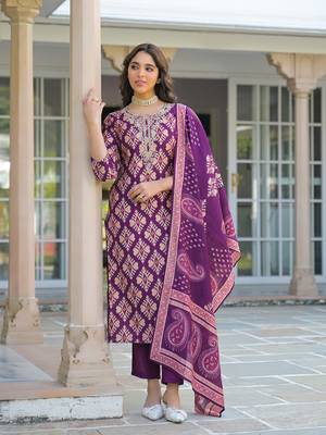Women purple viscose ikat embroidered straight kurta trousers with dupatta 5