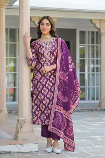 Women purple viscose ikat embroidered straight kurta trousers with dupatta