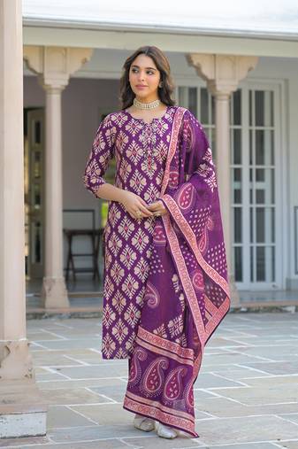 Women purple viscose ikat embroidered straight kurta trousers with dupatta