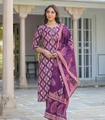 Women purple viscose ikat embroidered straight kurta trousers with dupatta