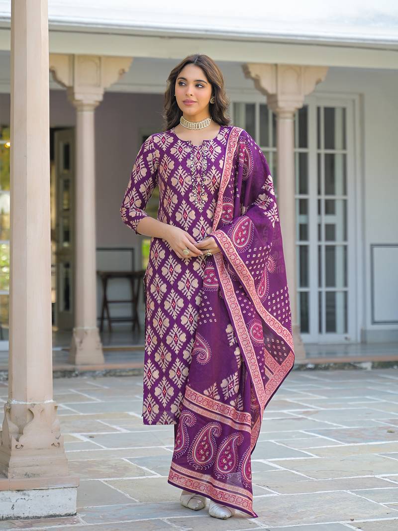 Women purple viscose ikat embroidered straight kurta trousers with dupatta