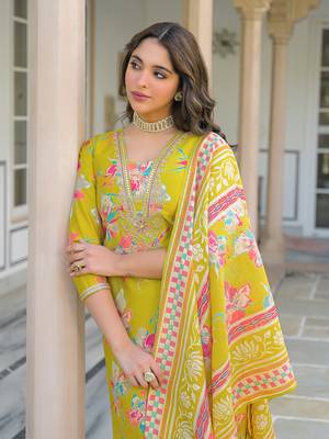 Women yellow viscose floral printed straight kurta trousers with dupatta 2
