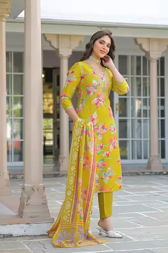 Women yellow viscose floral printed straight kurta trousers with dupatta