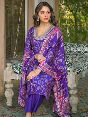 Women purple viscose ethnic motifs printed straight kurta trousers with dupatta 1