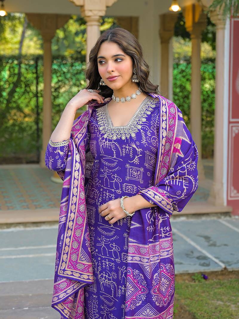 Women purple viscose ethnic motifs printed straight kurta trousers with dupatta