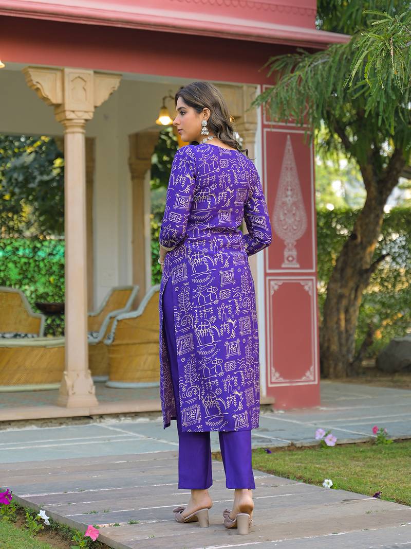 Women purple viscose ethnic motifs printed straight kurta trousers with dupatta