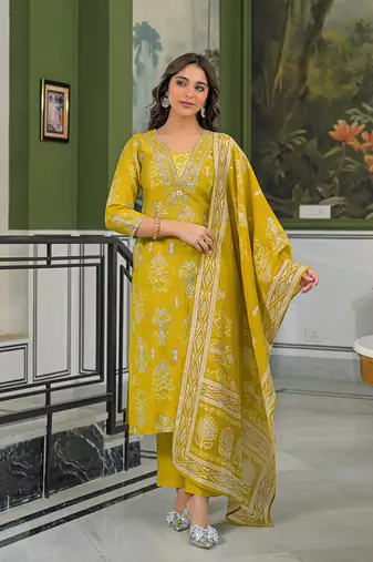 Women yellow viscose ikat printed straight kurta trousers with dupatta