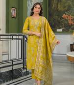 Women yellow viscose ikat printed straight kurta trousers with dupatta