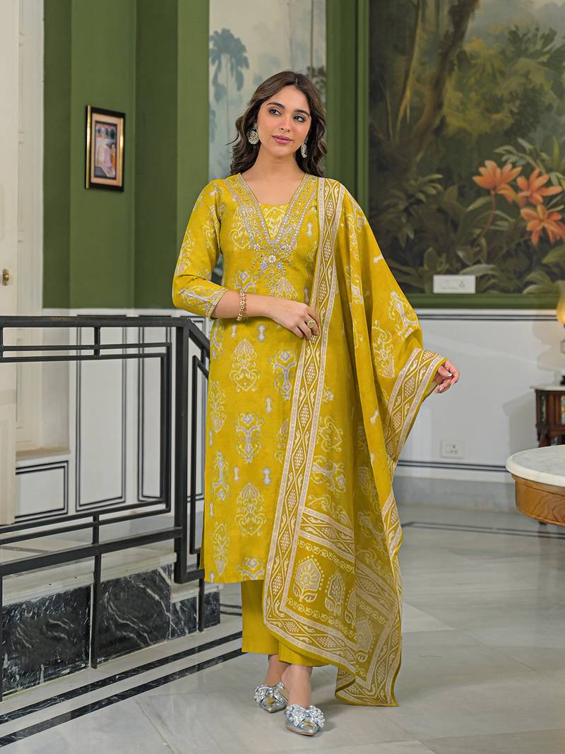 Women yellow viscose ikat printed straight kurta trousers with dupatta