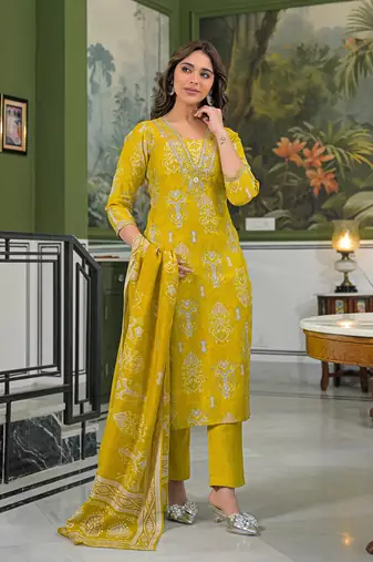 Women yellow viscose ikat printed straight kurta trousers with dupatta
